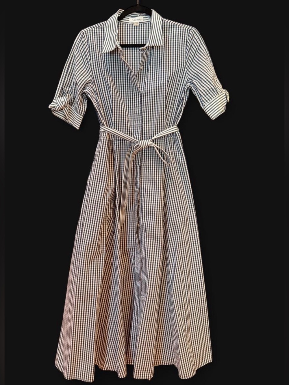 Calvin Klein Black & White Gingham Maxi Shirt Dress with Waist Tie